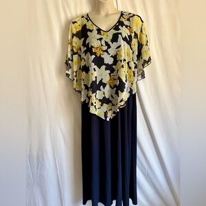Elie McCarthy Elegant Floral Navy Blue and Yellow Midi Dress